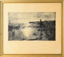 Csergezán Pál (1924-1996): Horgász (Balatonszepezd), 1958. Rézkarc, papír, jelzett. Üvegezett fakeretben, 21×38 cm