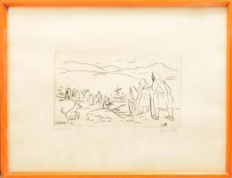 Borsos Miklós (1906-1990): Zarándokok. Rézkarc, papír, jelzett, üvegezett fakeretben. 14x26 cm