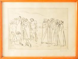 Borsos Miklós (1906-1990): A betegek. Rézkarc, papír, jelzett, üvegezett fakeretben. 24x34 cm