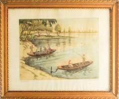 Conrad Gyula (1877-1959): Dunaparton. Színezett rézkarc, papír, jelzett, üvegezett fakeretben, 29,5×38,5 cm