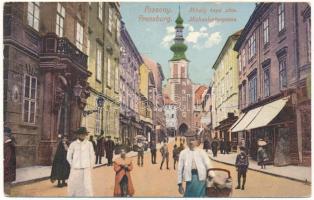 Pozsony, Pressburg, Bratislava; Mihály kapu utca, üzletek. Kaufmann kiadása / street, shops (ázott / wet damage)