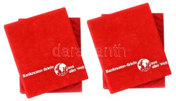 Két darab "Banknoten Briefe aus aller Welt" piros, plüssborítású, négygyűrűs album, egyenként 25db kettes osztású berakólappal, tokkal. Használt, jó állapotban