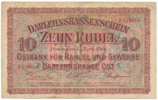 Német Birodalom / I. világháború / Keleti Főparancsnokság / Posen (Poznan) 1916. 10R T:F kis beszakadás, folt German Empire / WWI / Ober Ost / Posen (Poznań) 1916. 10 Rubel C:F small tear, spotted Krause P#R124