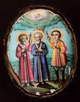 Háromkirályok. Kézzel festett porcelán kegytárgy kép, kis pattogzással, fa keretben, 3,5x2,5 cm