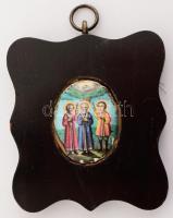 Háromkirályok. Kézzel festett porcelán kegytárgy kép, kis pattogzással, fa keretben, 3,5x2,5 cm
