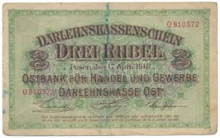 Német Birodalom / I. világháború / Keleti Főparancsnokság / Posen (Poznan) 1916. 3R T:F folt German Empire / WWI / Ober Ost / Posen (Poznań) 1916. 3 Rubel C:F spotted Krause P#R123