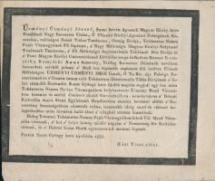 1822 Pest, ürményi Ürményi Imre (1790-1822) királyi táblai ülnök, táblabíró halotti értesítője, 17,5x21 cm