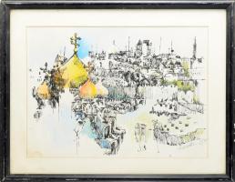 Schwartz jelzéssel: Város látképe. Színezett nyomat, papír, kissé foltos, üvegezett, kopott fakeretben, 35×47,5 cm