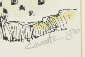 Schwartz jelzéssel: Város látképe. Színezett nyomat, papír, kissé foltos, üvegezett, kopott fakeretb...