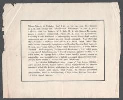 1836 gróf marosnémeti és nádaskai Gyulay Albert (1766-1836) cs. kir. altábornagy, a napóleoni háborúkban csapatparancsnok, a Katonai Mária Terézia-rend lovagjának halotti értesítője, kissé sérült lapszélekkel, 19,5x24,5 cm