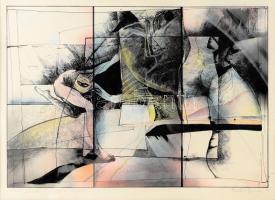 Poór Imre (1954-): "Tavaszi jelenetek". Színes tus, vegyes technika, papír, jelzett. Üvegezett keretben. 23×34 cm