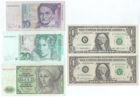 Német Szövetségi Köztársaság 1980. 20M + 1993. 10M + 20M + USA 1988-1993. 1$ (2xklf) T:F  Federal Republic of Germany 1980. 20 Mark + 1993. 10 Mark + 20 Mark + USA 1988-1993. 1 Dollar (2xdiff) C:F