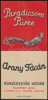 Arany Fácán Paradicsom Püree számolócédula, Hatvan, Konzervgyár, Bp., Klösz-ny., Hatvany-Deutsch ter...