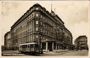 1924 Pozsony, Pressburg, Bratislava; Savoy a Carlton, café / Savoy és Carlton szálloda, kávézó, villamos, Bocek &amp; Valentik Foto, Schenker &amp; Co. üzlete, Siemens, / hotels, café, shops, tram