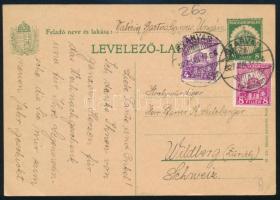 1927 Díjkiegészített díjjegyes levelezőlap Svájcba "SZARVAS" / PS-card with additional franking to Switzerland