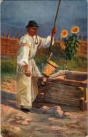 Pöstyén, Pisetany; Oesterr.-Ungar. Volkstypen. Serie XX. Ungarn III. Pöstyéner Nr. 3. / Szlovák folklór művészlap. Kút mellett / Slovak folklore, at the well s: K. Janovsky (EK)