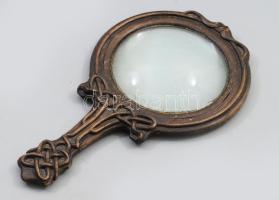 Szecessziós nagyító faragott fa keretben, h: 22 cm