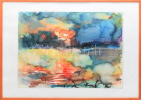 Juhász Erika (1926-2018): Színes táj, 2003. Akvarell, papír. Jelzett, üvegezett fakeretben. 38x52 cm