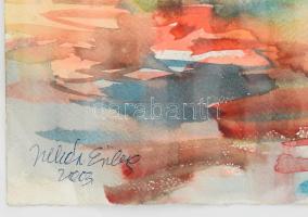 Juhász Erika (1926-2018): Színes táj, 2003. Akvarell, papír. Jelzett, üvegezett fakeretben. 38x52 cm