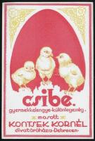 Csibe. Konstsek Kornél debreceni divatáruháza gyermekkelengye - különlegessége, reklámcímke.