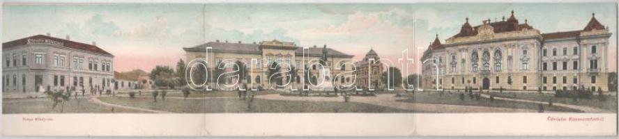 Rimaszombat, Rimavská Sobota; Tompa Mihály tér, szobor, szálloda, étterem bor és sör casrnok, Kir. törvényszék, Derekas János üzlete, Vármegyeház. Rábely Miklós kiadása. 3-részes kihajtható panorámalap / square, hotel, restaurant wine and beer hall, statue, court, shop, county hall. 3-tiled folding panoramacard (fl)