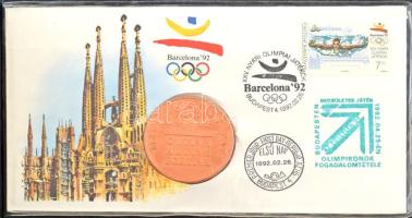 Magyarország 1992. Papp László (1947-) "Barcelonai Olimpia - Magyar Csapat / Vívás" kétoldalas bronz emlékérem érmés borítékban, bélyeggel, első napi és alkalmi bélyegzéssel, fekete műbőr MOB dísztokban, Olimpiai fogadalmi lappal (42,5mm) T:UNC