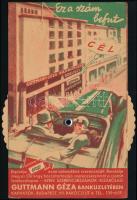 Guttmann Géza Banküzlet szerencsejáték reklámlap, az egyik oldalán színes grafikával, a másik oldalon forgatható szerencsekerékkel, 14x9 cm