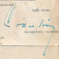 báró Collas Dezső által aláírt levél pénzügyminisztériumi levélpapíron