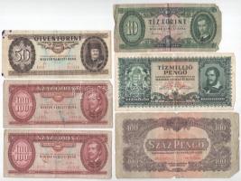 Vegyes 6db-os magyar bankjegytétel, közte 1944. 100P "A Vöröshadsereg Parancsnoksága" + 1949. 10Ft T:F-G tűzőgép-lyukak, anyaghiány