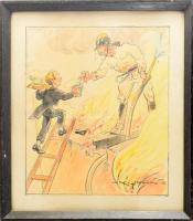 Olvashatatlan (John?) jelzéssel, XX. sz. közepe: Szomját oltó tűzoltó (karikatúra). Akvarell, ceruza, papír. Üvegezett fakeretben. 40x34,5 cm