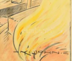 Olvashatatlan (John?) jelzéssel, XX. sz. közepe: Szomját oltó tűzoltó (karikatúra). Akvarell, ceruza...