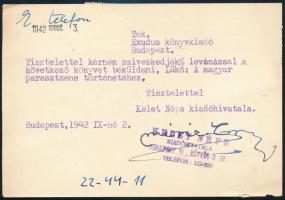 1943 Móricz Erzsébet (1916-1971) Móricz Zsigmond lányának levele a Kelet Népe kiadó pecséttel az Exudus kiadónak