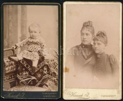 cca 1880-1890 Fiatal lányok és kisgyermek portréi, 2 db vizitkártya Kossak József temesvári műterméből, az egyik kissé foltos, 10,5x6,5 cm