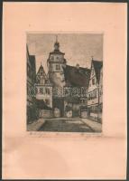 Ernst Geissendorfer (1908-): Rothenburg, Fehér torony. Rézkarc, papír. Jelzett. Lapszéli apró foltokkal. 21x16 cm