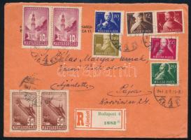 1947 Ajánlott levél 10 db bélyeggel Budapestről Pápára, közte Repülő párok is