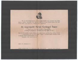 1943 dr. Nagyrápolti Szent Györgyi Imre curiai bíró, tartalékos huszárszázados, stb halotti értesítője