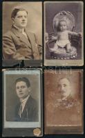 4 db vizitkártya erdélyi műtermekből (Csonka Géza, Marosvásárhely; Dajkovits, Nagyvárad; Lőrincz István, Gyergyószentmiklós), változó állapotban, közte sérült, 10,5x6,5 cm körül