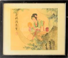 Olvashatatlan jelzéssel, távol-keleti alkotó: Szépség a tájban. Akvarell, selyem. Üvegezett fakeretben. 19x21 cm