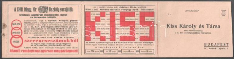 cca 1920 Kiss Károly és Társa Bank Rt. m. kir. osztálysorsjáték kihajtható reklámprospektusa, foltos.