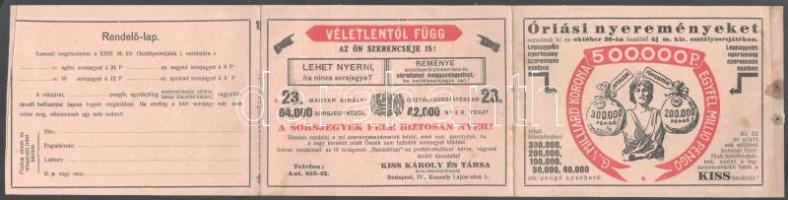 cca 1920 Kiss Károly és Társa Bank Rt. m. kir. osztálysorsjáték kihajtható reklámprospektusa, foltos