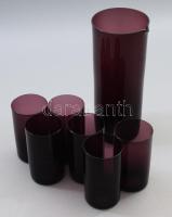 Vintage lilaüveg italos szett, 6 pohárral, hibátlan, m: 10,5-22,5 cm