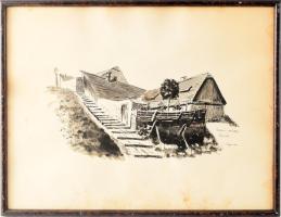 Szégner József (-): Tabáni részlet, feljáró. Tus, papír, jelzett. Kopott fakeretben. 28x36,5 cm