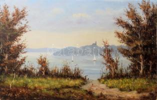 Feith Károly (1930-2017): Vitorlások (Balaton?). Olaj, farost, jelzett. Szélén apró felületi sérülésekkel. 38×58,5 cm