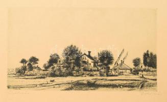 Boldizsár István (1897-1984): Kis állomás (vasúti állomás). Rézkarc, papír, jelzett, kartonra kasírozva, lapszéli kissebb elszíneződésekkel, 15×27,5 cm