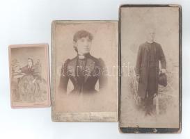 3 db vegyes keményhátú fotó, különféle műtermekből (Ellinger Ede, Bp.; Deits József, Gyöngyös; Péntek, Szatmár), változó méretben és állapotban