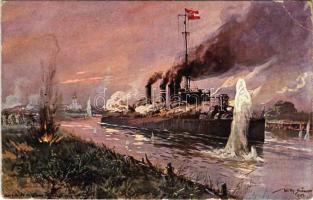 1916 SMS Scharfschütze im Gefechte im Kanal von Corsini am 24. Mai 1915. / SMS Scharfschütze az Osztrák-Magyar Haditengerészet Huszár-osztályú rombolója / WWI Austro-Hungarian Navy, K.u.K. Kriegsmarine, SMS Scharfschütze Huszár-class destroyer, naval flag s: Willy Stöwer + "S. M. SCHIFF MARS" "K.u.K. MARINE FELDPOSTAMT POLA" (EK)