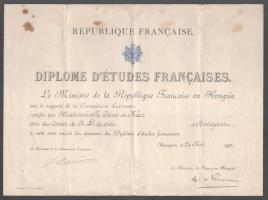 1930 Bp., a francia nagykövetség által kiállított oklevél francia nyelvtanfolyam elvégzéséről, Louis Mathieu de Vienne (1874-1944) magyarországi francia nagykövet aláírásával, szárazbélyegzővel. Hajtva, kissé foltos, 25x34 cm