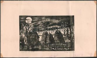 Meggyes László (1928-2003): Éjszakai ég alatt, 1963. Fametszet, papír, hajtásnyommal, lapszéli elszíneződéssel, 15,5×24 cm