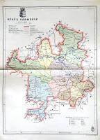 [Térkép] Békés vármegye térképe. Mérték: 1:420,000. (1941). [Budapest], 1941. Magyar Királyi Honvéd Térképészeti Intézet. Színes térkép, mérete: 295x220 mm egy 350x250 mm méretű térképlapon. Domborzati és vízrajzi részleteket is feltüntető térképünk a M. kir. Honvéd Térképészeti Intézet 1937-1941 között készült közigazgatási térképsorozatának tagja. Az ország belsejében fekvő, alföldi megyénk területét értelemszerűen nem érintik az országhatár-módosulások, megyehatárai viszont erősen eltérnek a maiaktól. A színkódolt járásbeosztáson kívül térképünk feltünteti a megye egyvágányú vasútvonalait, első-, másod- és harmadrendű útjait és egyéb műútjait; településhálózatát: rendezett tanácsú városait (Gyula, Békéscsaba), nagyközségeit (Szarvas, Orosháza, Vésztő, Szeghalom), kisközségeit és egyéb lakott helyeit. A rendezett tanácsú városok mellett feltűnő a településhálózat ritkás jellege; a Körösök mentén fekvő síksági megye akkor is ritkán lakott területnek számított. Döntően közigazgatási és közlekedésföldrajzi célokat szolgáló térképünk a pusztai névanyagot kivéve domborzati részleteket csak elvétve, ám vízrajzi részleteket bőséggel tüntet fel, térképünkön a Körösök és a Berettyó indázó vonulata erősen kitűnik. Jelmagyarázat a bal felső sarokban, a címsor felett a megye címere lebeg, a kiadási év a bal alsó sarokban (1941). A jobb alsó sarokban kereskedői bélyegzés. Jó állapotú térkép, halvány hajtásnyommal, a hátoldalon kézi feliratozással.