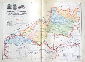 [Térkép] Csanád, Arad és Torontál közigazgatásilag egyelőre egyesített vármegyék térképe. Mérték: 1:335,000. (1941). [Budapest], 1941. Magyar Királyi Honvéd Térképészeti Intézet. Színes térkép, mérete: 220x295 mm egy 295x345 mm méretű térképlapon. Domborzati és vízrajzi részleteket is feltüntető térképünk a M. kir. Honvéd Térképészeti Intézet 1937-1941 között készült közigazgatási térképsorozatának tagja. Az ország dél-alföldi részén fekvő megyét az 1923-as megyerendezés során hozták létre az egykori Torontál, Csanád és Arad vármegyék maradékaiból. Dél-alföldi megyénk területét és közigazgatási rendszerét, járásbeosztását az 1938-1941 közti határmódosulások nem érintették (a partiumi bővülés térképünk északi határától jó 20 kilométernyire, a Békés megyei Kötegyán község mellől indult). Az igazán hosszú névvel bíró megye nevét - a szomszéd államok érzékenységére való tekintettel - a háború után eltörölték, területét felosztották Csongrád és Békés megye között, vállalkozói hagyományokkal és pezsgő kulturális élettel bíró székhelyét, Makót pedig megfosztották megyeszékhelyi rangjától. A színkódolt járásbeosztáson kívül térképünk feltünteti a megye egy- és kétvágányú vasútvonalait, első-, másod- és harmadrendű útjait és egyéb műútjait, településhálózatát: rendezett tanácsú városát (Makó), nagyközségeit (Mezőhegyes, Battonya), kisközségeit és egyéb lakott helyeit. Döntően közigazgatási és közlekedésföldrajzi célokat szolgáló térképünk a majorsági névanyagot kivéve domborzati részleteket csak elvétve, ám vízrajzi részleteket bőséggel tüntet fel, térképünkön a Maros folyása mellett a csatornahálózat sűrűsége is kitűnik. Egyes települések mellett magassági jelzés. Jelmagyarázat a bal felső sarokban, a címsor felett a megyék címere lebeg, a kiadási év a bal alsó sarokban (1941). A jobb alsó sarokban kereskedői bélyegzés. Jó állapotú térkép, halvány hajtásnyommal, a hátoldalon kézi feliratozással.